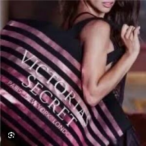 Victoria's Secret Black & Pink Metallic Striped Canvas Tote